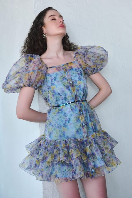 Verano By Tanya Blue Organza, Crepe Beads Square Neck Eveline Floral Print Tiered Ruffle Dress at Aza Fashions Verano By Tanya_Blue Organza, Crepe Beads Square Neck Eveline Floral Print Tiered Ruffle Dress _at_Aza_Fashions