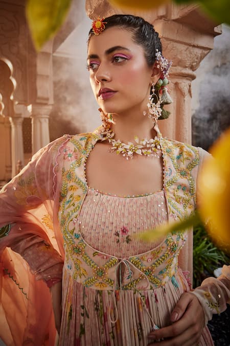 Shop Show Shaa Pink Chiffon, Organza, Crepe Sequins, Flower Print Anarkali With Dupatta Online at Aza Fashions Shop_Show Shaa_Pink Chiffon, Organza, Crepe Sequins, Flower Print Anarkali With Dupatta _Online_at_Aza_Fashions