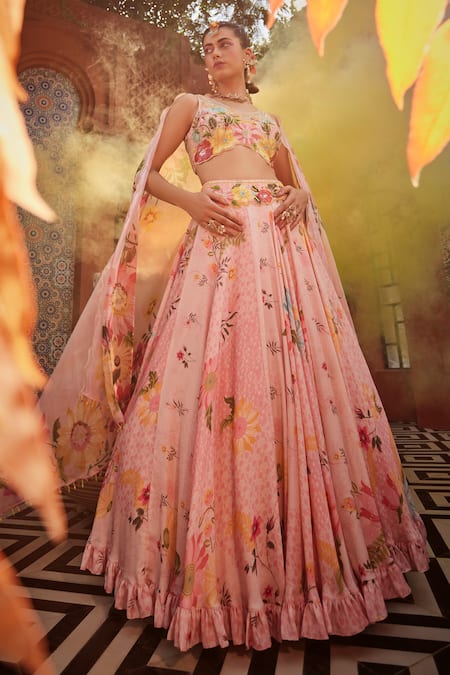 Shop_Show Shaa_Pink Satin, Crepe, Silk Embroidery V-neck Flower Print Lehenga Set _at_Aza_Fashions