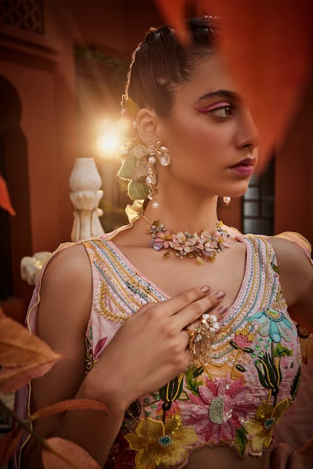 Buy_Show Shaa_Pink Satin, Crepe, Silk Embroidery V-neck Flower Print Lehenga Set _Online_at_Aza_Fashions