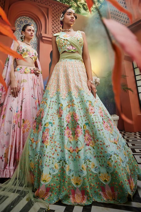 Buy_Show Shaa_Green Silk, Net, Crepe Embroidery V-neck Flower Print Lehenga Blouse Set _Online_at_Aza_Fashions