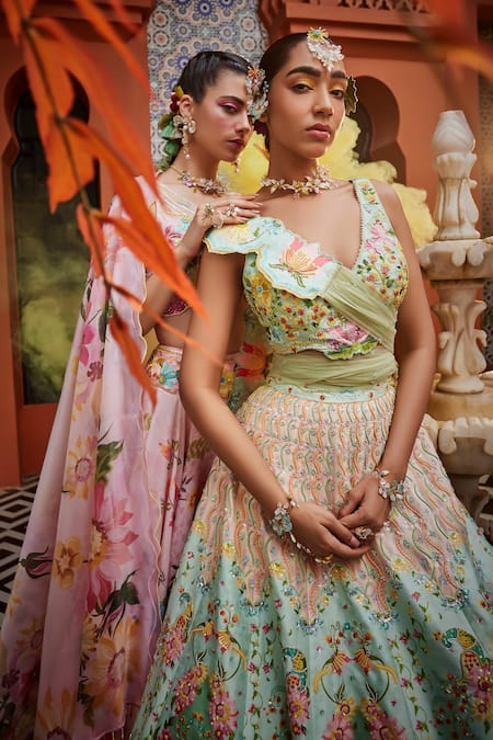 Shop_Show Shaa_Green Silk, Net, Crepe Embroidery V-neck Flower Print Lehenga Blouse Set _Online_at_Aza_Fashions