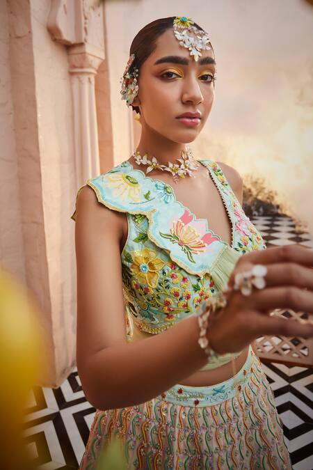 Show Shaa_Green Silk, Net, Crepe Embroidery V-neck Flower Print Lehenga Blouse Set _at_Aza_Fashions