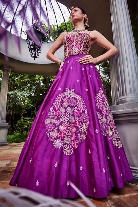 Show Shaa Purple Lehenga And Blouse Chanderi Embroidered Floral Square Corset Set 