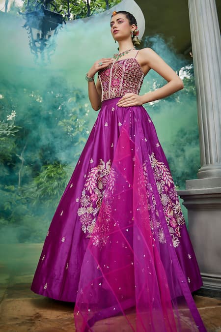 Shop Show Shaa Purple Chanderi, Net, Crepe Sequins, Embroidery Square Lehenga Corset Blouse Set at Aza Fashions Shop_Show Shaa_Purple Chanderi, Net, Crepe Sequins, Embroidery Square Lehenga Corset Blouse Set _at_Aza_Fashions