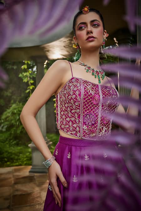 Show Shaa Purple Chanderi, Net, Crepe Sequins, Embroidery Square Lehenga Corset Blouse Set Online at Aza Fashions Show Shaa_Purple Chanderi, Net, Crepe Sequins, Embroidery Square Lehenga Corset Blouse Set _Online_at_Aza_Fashions