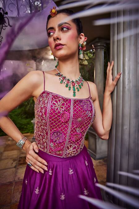 Buy Show Shaa Purple Chanderi, Net, Crepe Sequins, Embroidery Square Lehenga Corset Blouse Set Online at Aza Fashions Buy_Show Shaa_Purple Chanderi, Net, Crepe Sequins, Embroidery Square Lehenga Corset Blouse Set _Online_at_Aza_Fashions