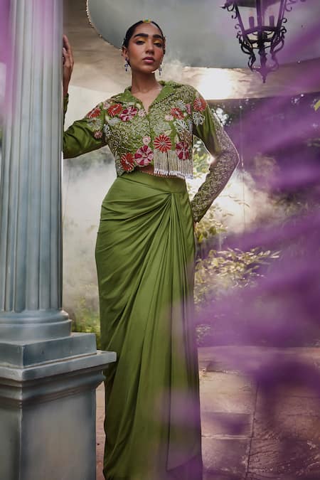 Shop Show Shaa Green Chanderi, Satin Embroidery, Beads, Kimaya Jacket With Draped Skirt at Aza Fashions Shop_Show Shaa_Green Chanderi, Satin Embroidery, Beads, Kimaya Jacket With Draped Skirt _at_Aza_Fashions