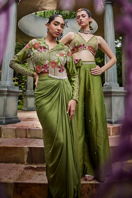 Show Shaa Green Chanderi, Satin Embroidery, Beads, Kimaya Jacket With Draped Skirt Online at Aza Fashions Show Shaa_Green Chanderi, Satin Embroidery, Beads, Kimaya Jacket With Draped Skirt _Online_at_Aza_Fashions