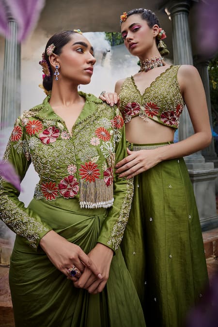 Buy Show Shaa Green Chanderi, Satin Embroidery, Beads, Kimaya Jacket With Draped Skirt Online at Aza Fashions Buy_Show Shaa_Green Chanderi, Satin Embroidery, Beads, Kimaya Jacket With Draped Skirt _Online_at_Aza_Fashions