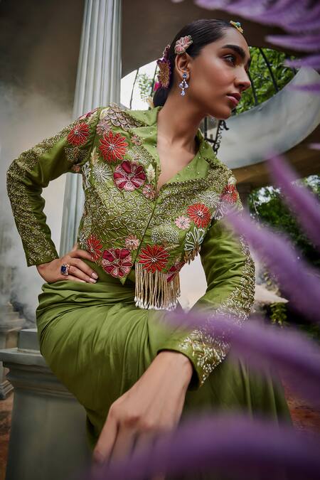 Shop Show Shaa Green Chanderi, Satin Embroidery, Beads, Kimaya Jacket With Draped Skirt Online at Aza Fashions Shop_Show Shaa_Green Chanderi, Satin Embroidery, Beads, Kimaya Jacket With Draped Skirt _Online_at_Aza_Fashions
