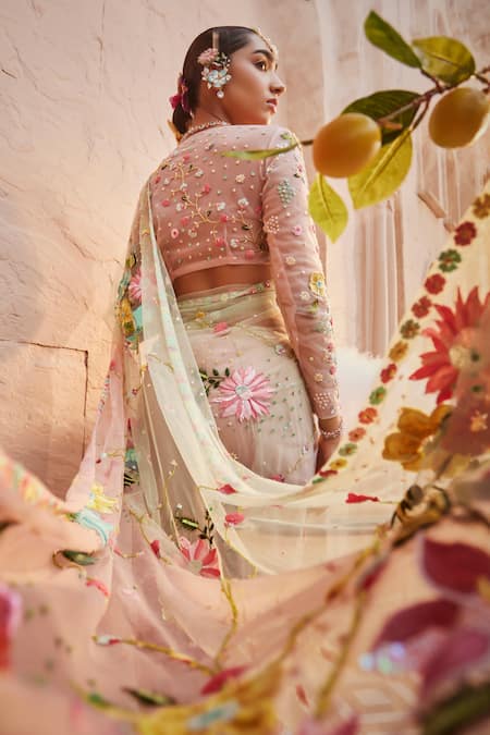 Shop_Show Shaa_Green Net, Crepe Beads, Tassels, Embroidery Sweetheart Neck Saree With Blouse _at_Aza_Fashions