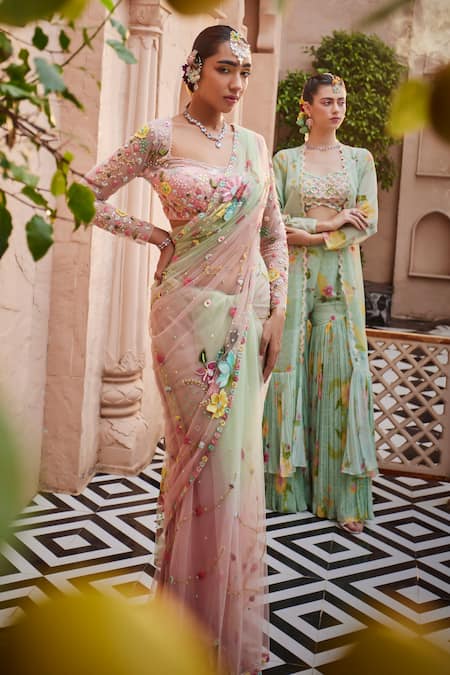 Shop_Show Shaa_Green Net, Crepe Beads, Tassels, Embroidery Sweetheart Neck Saree With Blouse _Online_at_Aza_Fashions