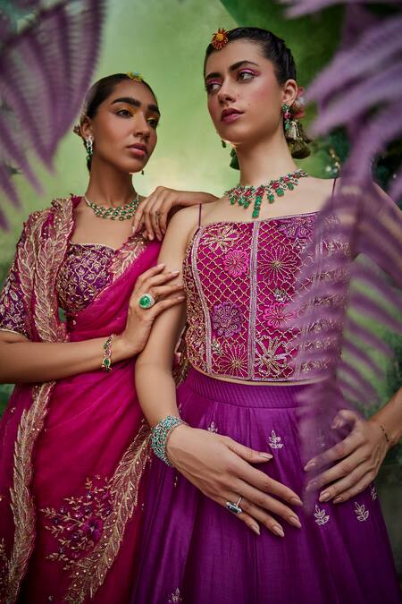 Show Shaa_Magenta Chanderi, Satin, Organza Embroidery Floral Leaf Saree With Blouse _Online_at_Aza_Fashions
