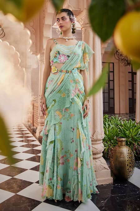 Shop Show Shaa Green Satin, Chiffon, Crepe Floral Print Pre-draped Saree Set With Waist Belt at Aza Fashions Shop_Show Shaa_Green Satin, Chiffon, Crepe Floral Print Pre-draped Saree Set With Waist Belt _at_Aza_Fashions