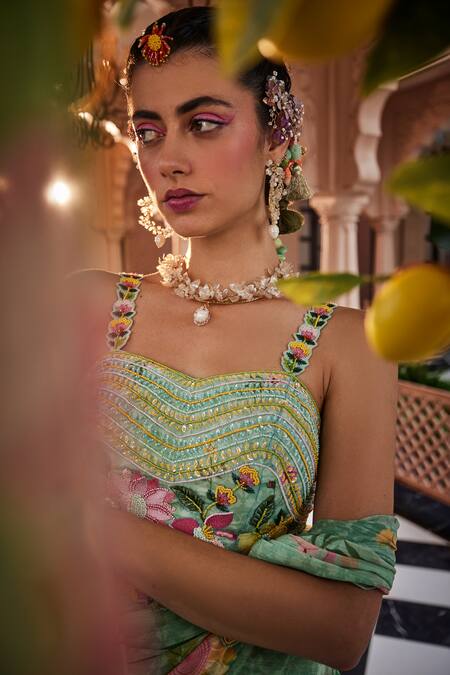 Show Shaa Green Satin, Chiffon, Crepe Floral Print Pre-draped Saree Set With Waist Belt Online at Aza Fashions Show Shaa_Green Satin, Chiffon, Crepe Floral Print Pre-draped Saree Set With Waist Belt _Online_at_Aza_Fashions