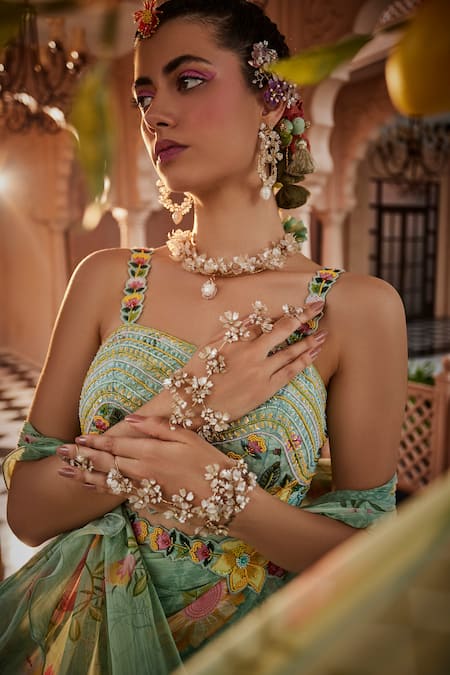 Shop Show Shaa Green Satin, Chiffon, Crepe Floral Print Pre-draped Saree Set With Waist Belt Online at Aza Fashions Shop_Show Shaa_Green Satin, Chiffon, Crepe Floral Print Pre-draped Saree Set With Waist Belt _Online_at_Aza_Fashions