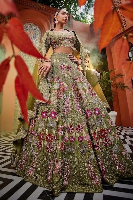 Show Shaa Green Blouse Raw Silk Embroidered Floral Sweetheart Bridal Lehenga Set 