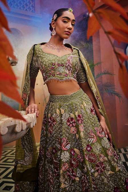 Buy Show Shaa Green Silk, Net Tassels, Embroidery Sweetheart Neck Floral Bridal Lehenga Set Online at Aza Fashions Buy_Show Shaa_Green Silk, Net Tassels, Embroidery Sweetheart Neck Floral Bridal Lehenga Set _Online_at_Aza_Fashions