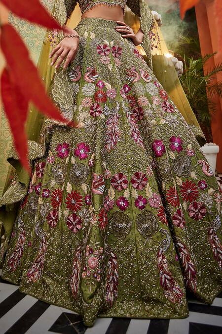 Shop Show Shaa Green Silk, Net Tassels, Embroidery Sweetheart Neck Floral Bridal Lehenga Set Online at Aza Fashions Shop_Show Shaa_Green Silk, Net Tassels, Embroidery Sweetheart Neck Floral Bridal Lehenga Set _Online_at_Aza_Fashions