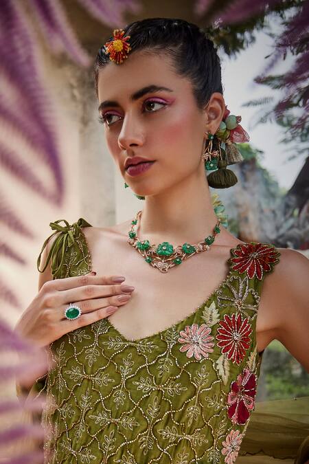 Shop Show Shaa Green Chanderi, Net, Crepe Embroidery Parineeta Cutwork Floral Kurta Pant Set Online at Aza Fashions Shop_Show Shaa_Green Chanderi, Net, Crepe Embroidery Parineeta Cutwork Floral Kurta Pant Set _Online_at_Aza_Fashions