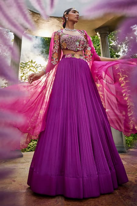 Show Shaa Purple Blouse Chanderi Embroidered Floral Saanvi Gathered Lehenga And Cape Set 