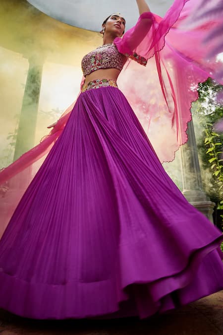 Shop Show Shaa Purple Chanderi, Chiffon Embroidery Round Saanvi Gathered Lehenga And Cape Set at Aza Fashions Shop_Show Shaa_Purple Chanderi, Chiffon Embroidery Round Saanvi Gathered Lehenga And Cape Set _at_Aza_Fashions