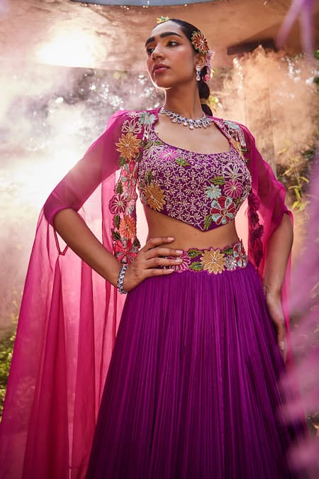Show Shaa Purple Chanderi, Chiffon Embroidery Round Saanvi Gathered Lehenga And Cape Set Online at Aza Fashions Show Shaa_Purple Chanderi, Chiffon Embroidery Round Saanvi Gathered Lehenga And Cape Set _Online_at_Aza_Fashions