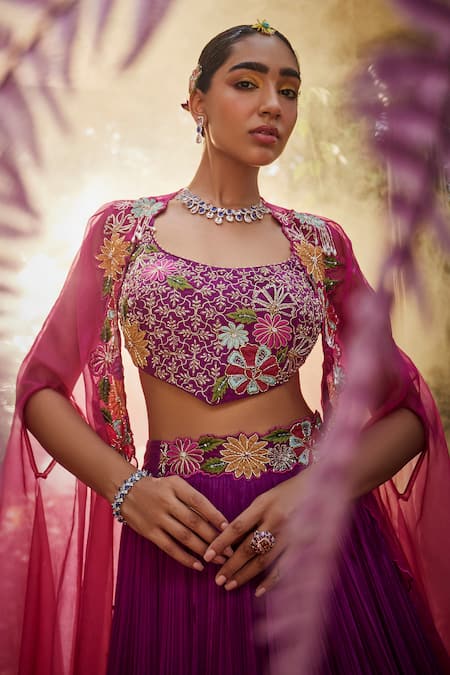 Shop Show Shaa Purple Chanderi, Chiffon Embroidery Round Saanvi Gathered Lehenga And Cape Set Online at Aza Fashions Shop_Show Shaa_Purple Chanderi, Chiffon Embroidery Round Saanvi Gathered Lehenga And Cape Set _Online_at_Aza_Fashions