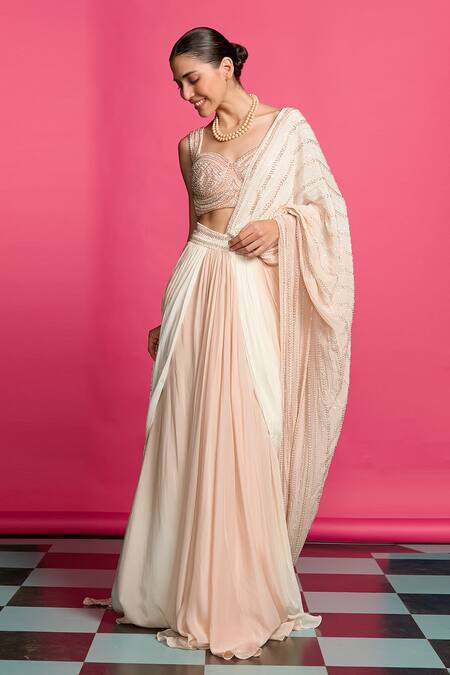 Buy_Priyanka Jain_Pink Crepe Sequins, Pearls, Beads Ombre Embroidered Pre-draped Saree With Blouse _Online_at_Aza_Fashions