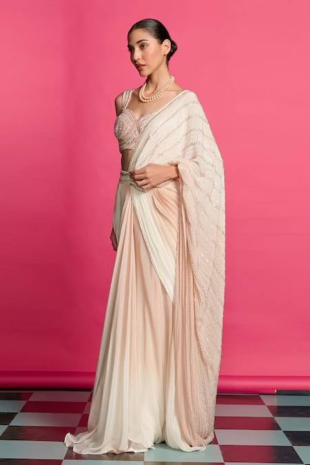 Shop_Priyanka Jain_Pink Crepe Sequins, Pearls, Beads Ombre Embroidered Pre-draped Saree With Blouse _Online_at_Aza_Fashions