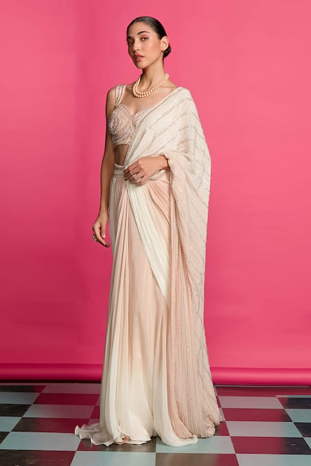 Priyanka Jain_Pink Crepe Sequins, Pearls, Beads Ombre Embroidered Pre-draped Saree With Blouse _at_Aza_Fashions