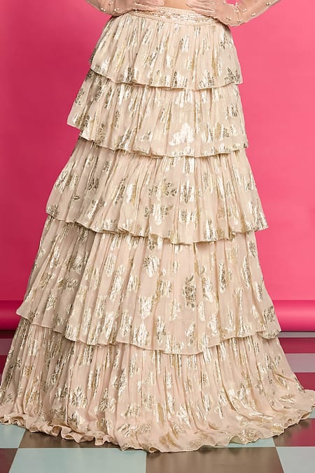 Buy_Priyanka Jain_Pink Georgette, Net, Linen Sequins, Glimmering Bloom Tiered Lehenga Set _Online_at_Aza_Fashions