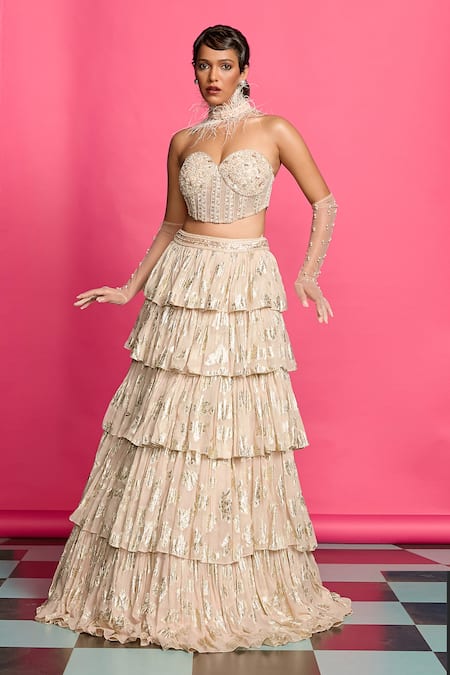 Shop_Priyanka Jain_Pink Georgette, Net, Linen Sequins, Glimmering Bloom Tiered Lehenga Set _Online_at_Aza_Fashions