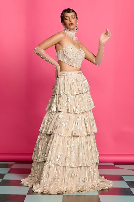 Priyanka Jain_Pink Georgette, Net, Linen Sequins, Glimmering Bloom Tiered Lehenga Set _at_Aza_Fashions
