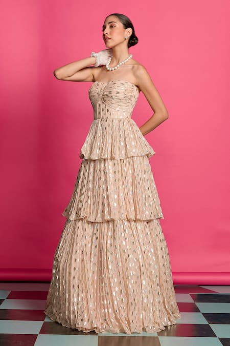 Shop_Priyanka Jain_Pink Georgette, Linen Sequins Glittery Flora Pattern Tiered Corset Gown _Online_at_Aza_Fashions