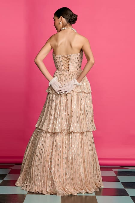 Priyanka Jain_Pink Georgette, Linen Sequins Glittery Flora Pattern Tiered Corset Gown _at_Aza_Fashions