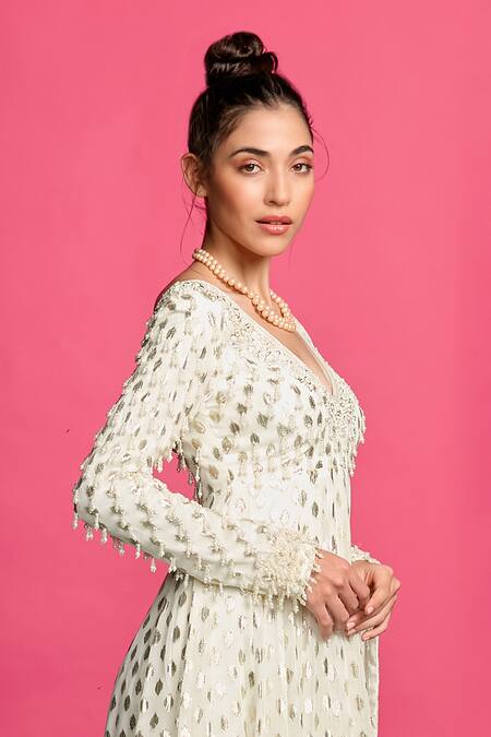 Buy_Priyanka Jain_Ivory Georgette Glittery Fleur Pattern And Tassel Embellished Anarkali Set _Online_at_Aza_Fashions