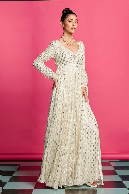 Shop_Priyanka Jain_Ivory Georgette Glittery Fleur Pattern And Tassel Embellished Anarkali Set _Online_at_Aza_Fashions