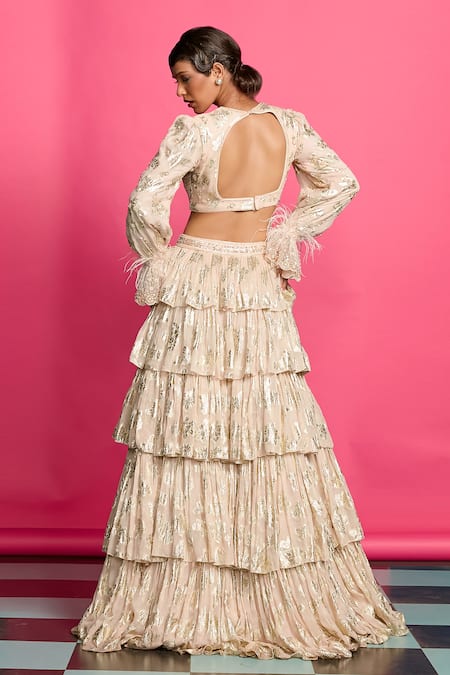 Priyanka Jain Glittery Fleur Pattern Embellished Tiered Lehenga With Crop Top 