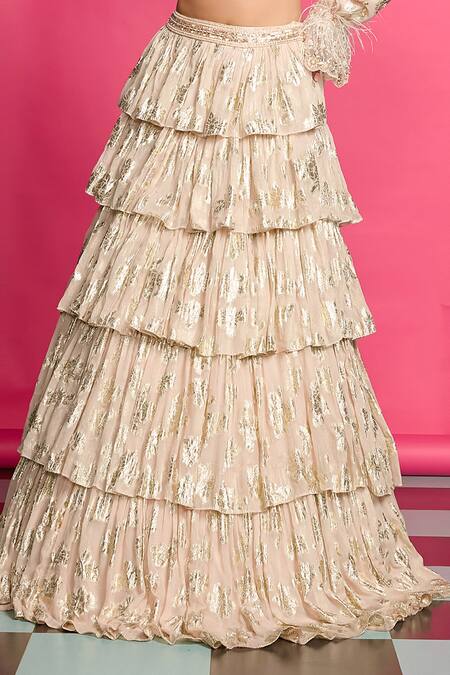 Priyanka Jain_Pink Georgette Glittery Fleur Pattern Embellished Tiered Lehenga With Crop Top _Online_at_Aza_Fashions