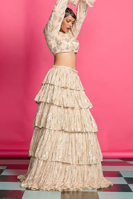 Buy_Priyanka Jain_Pink Georgette Glittery Fleur Pattern Embellished Tiered Lehenga With Crop Top _Online_at_Aza_Fashions