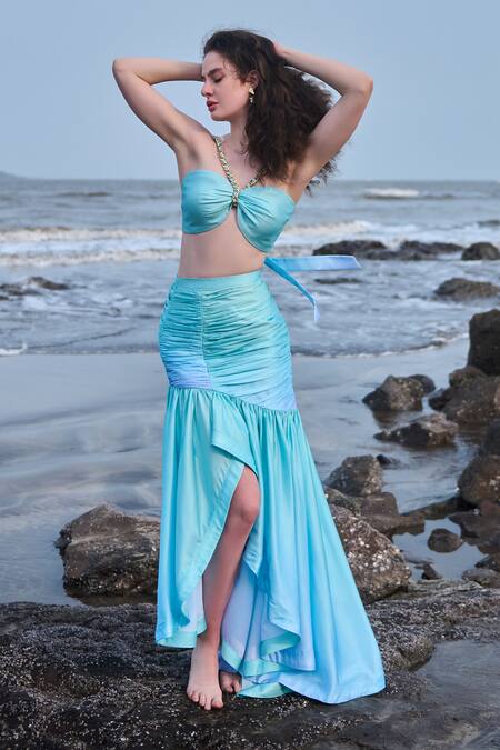 Verano By Tanya_Blue Satin, Crepe Sweetheart Neck Azzura Back Tie Up Crop Top _Online_at_Aza_Fashions