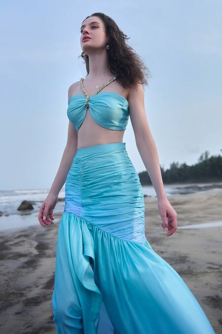 Shop_Verano By Tanya_Blue Satin, Crepe Sweetheart Neck Azzura Back Tie Up Crop Top _Online_at_Aza_Fashions