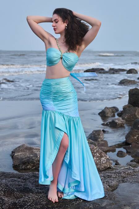 Verano By Tanya Blue Satin, Crepe Ruffles Azzura High Low Ruched Skirt Online at Aza Fashions Verano By Tanya_Blue Satin, Crepe Ruffles Azzura High Low Ruched Skirt _Online_at_Aza_Fashions