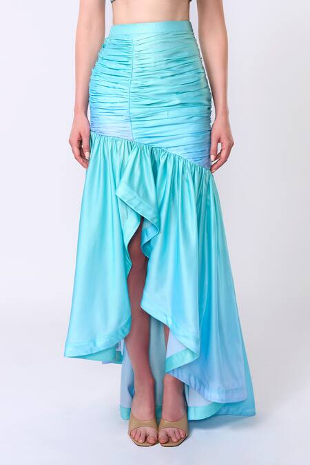 Verano By Tanya Blue Satin, Crepe Ruffles Azzura High Low Ruched Skirt at Aza Fashions Verano By Tanya_Blue Satin, Crepe Ruffles Azzura High Low Ruched Skirt _at_Aza_Fashions