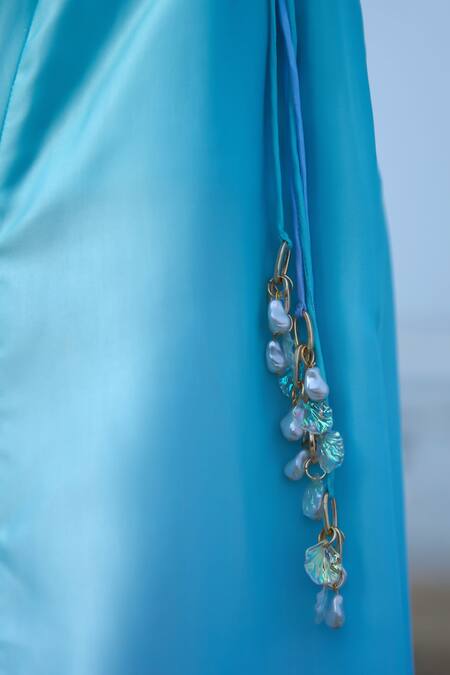 Shop Verano By Tanya Blue Satin, Crepe Beads Asymmetric Azzura Drawstring Cutout Dress Online at Aza Fashions Shop_Verano By Tanya_Blue Satin, Crepe Beads Asymmetric Azzura Drawstring Cutout Dress _Online_at_Aza_Fashions