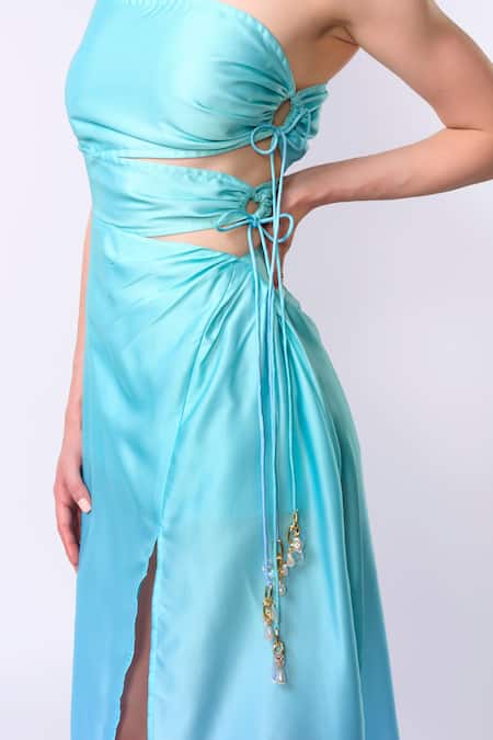 Verano By Tanya Blue Satin, Crepe Beads Asymmetric Azzura Drawstring Cutout Dress at Aza Fashions Verano By Tanya_Blue Satin, Crepe Beads Asymmetric Azzura Drawstring Cutout Dress _at_Aza_Fashions