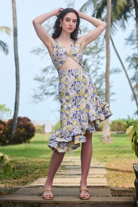 Verano By Tanya Multi Color Cotton, Linen V-neck Erica Floral Print Asymmetric Ruffle Dress Online at Aza Fashions Verano By Tanya_Multi Color Cotton, Linen V-neck Erica Floral Print Asymmetric Ruffle Dress _Online_at_Aza_Fashions