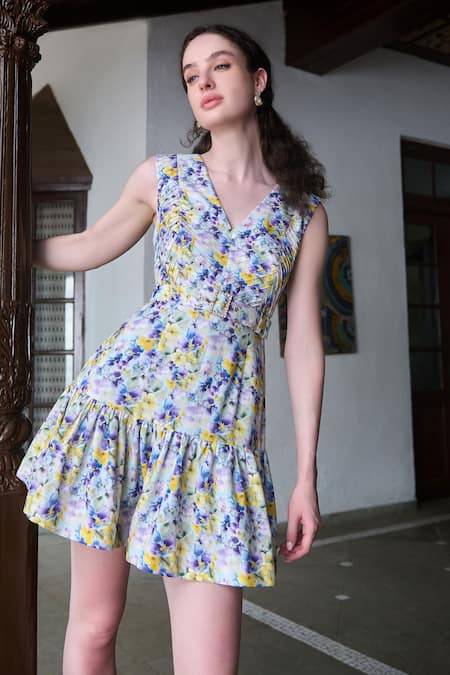 Shop Verano By Tanya Multi Color Cotton, Linen Beads V-neck Erica Floral Print Ruffle Dress With Belt at Aza Fashions Shop_Verano By Tanya_Multi Color Cotton, Linen Beads V-neck Erica Floral Print Ruffle Dress With Belt _at_Aza_Fashions